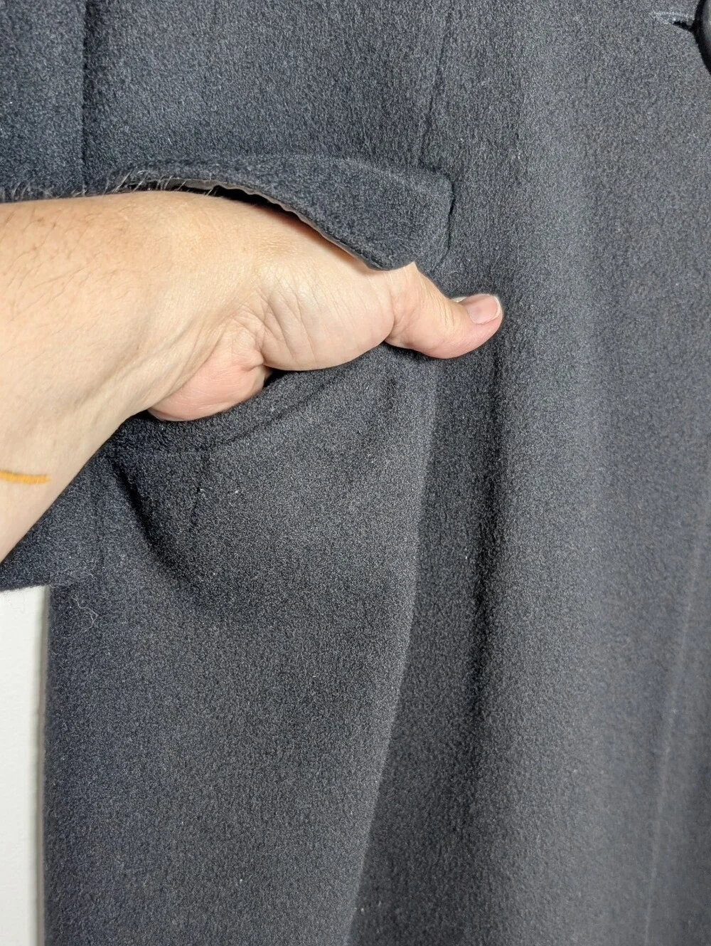 Vintage 100% Pure Wool Long Black Peacoat 8 Quiet Luxury Collarless Minimalist